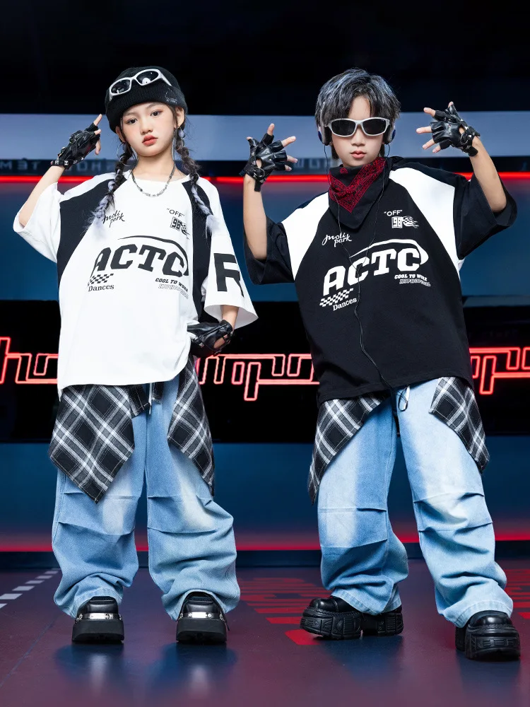Girl Hip Hop Clothing White Tops Black T-shirt Blue Jeans Pants for Jazz Dance Kid Costume Clothes