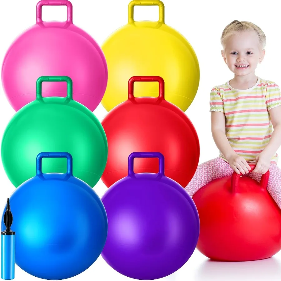 

Lewtemi 6 Pcs Hopper Ball Carnival Outdoor Games 18 Inch Jumping Hopping Inflatable Bouncing Ball with Handle and Air Pump for