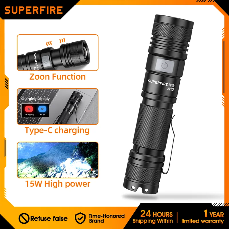 SUPERFIRE A12 lampe de poche LED puissante Zoom tactique USB C Rechargeable 18650 EDC torche 5 modes lumière pour Camping lanterne de pêche