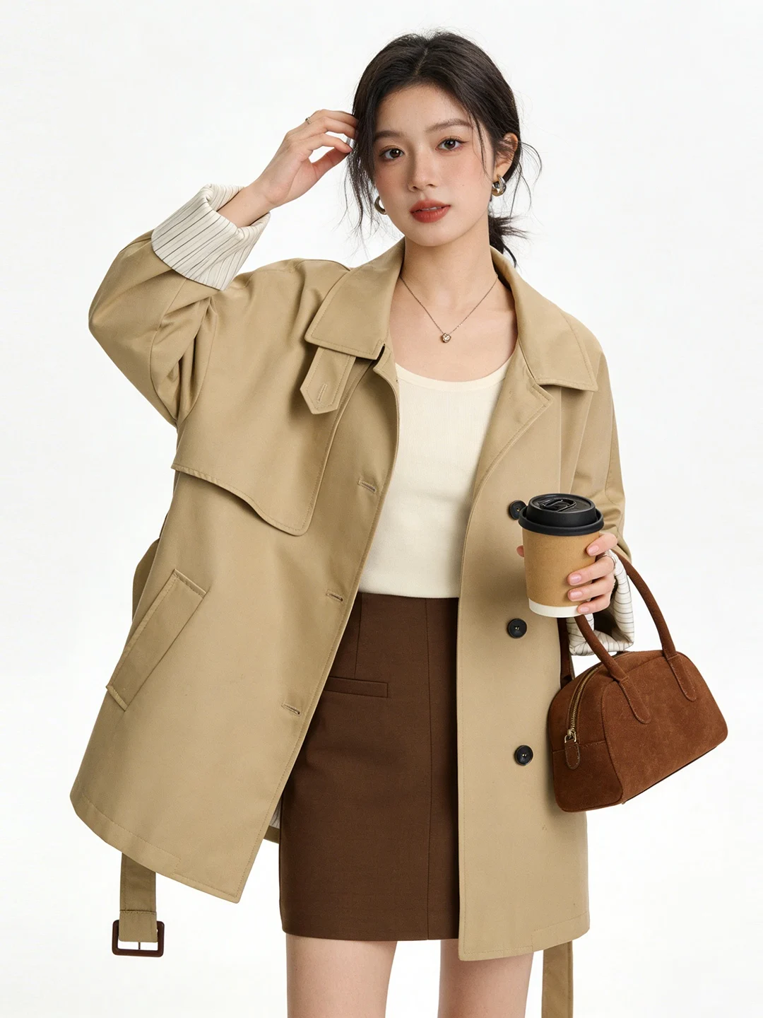 

Корейская свободная женская ветровка для похудения, весна 2026, повседневное универсальное пальто с поясом, струящееся, с длинными рукавами, верхняя одежда