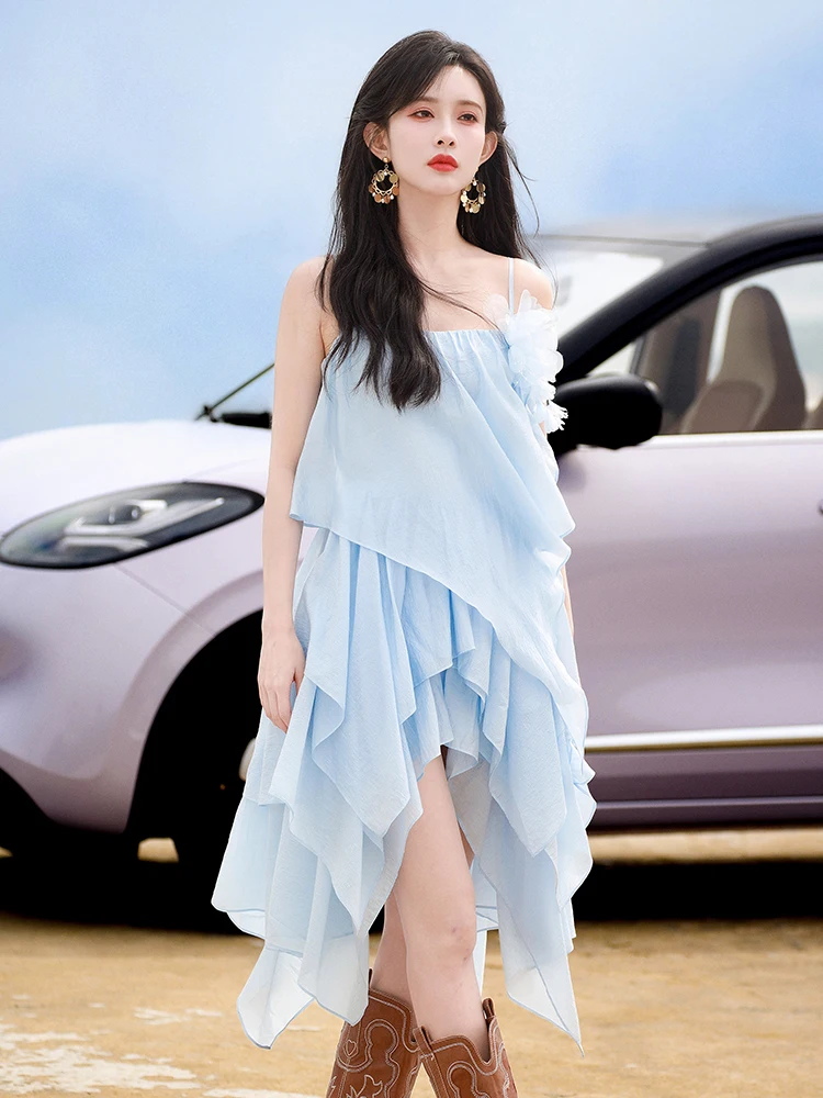 

Синее летнее женское пляжное платье-сарафан класса люкс с завязками на талии, для офиса и повседневной носки, из смесового хлопка, без рукавов