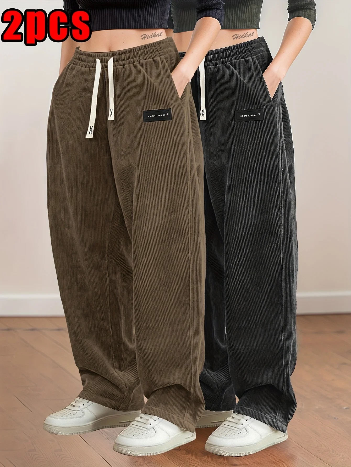 

Женские вельветовые брюки из 2 предметов — широкие брюки с эластичным шнурком на талии и задним карманом, вельветовая текстура