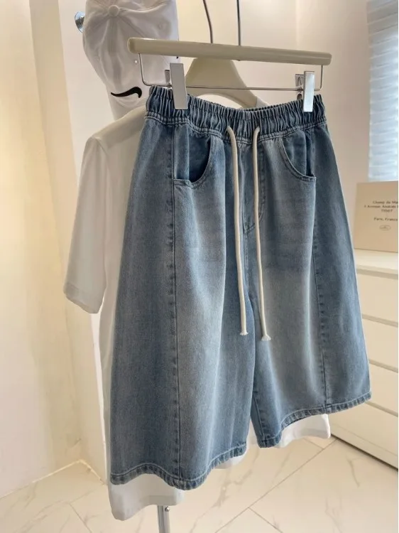 

Washed Light Blue Korean Style Five-Point Women's Jeans Shorts Summer Elastic Waist High Waist Slim Straight Casual Mid-Pants