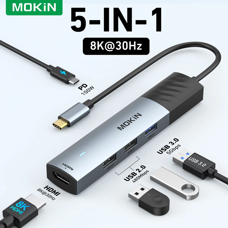

MOKiN 6-in-1 USB C Hub: 4K144Hz HDMI, 100W PD, USB-A 3.0, 2xUSB 2.0, Laptop Docking station for MackBook Air Pro M3 M2