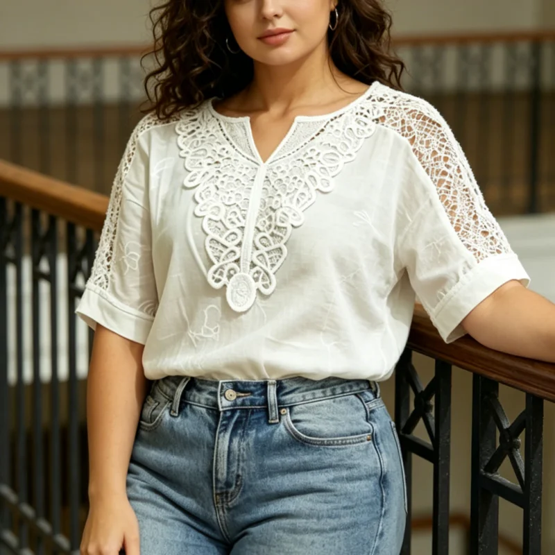 Blusa de encaje blanco calado 2026 para mujer, talla grande, tops casuales de verano con cuello en V, camisa de manga corta holgada, elegante y a la moda, oversize.