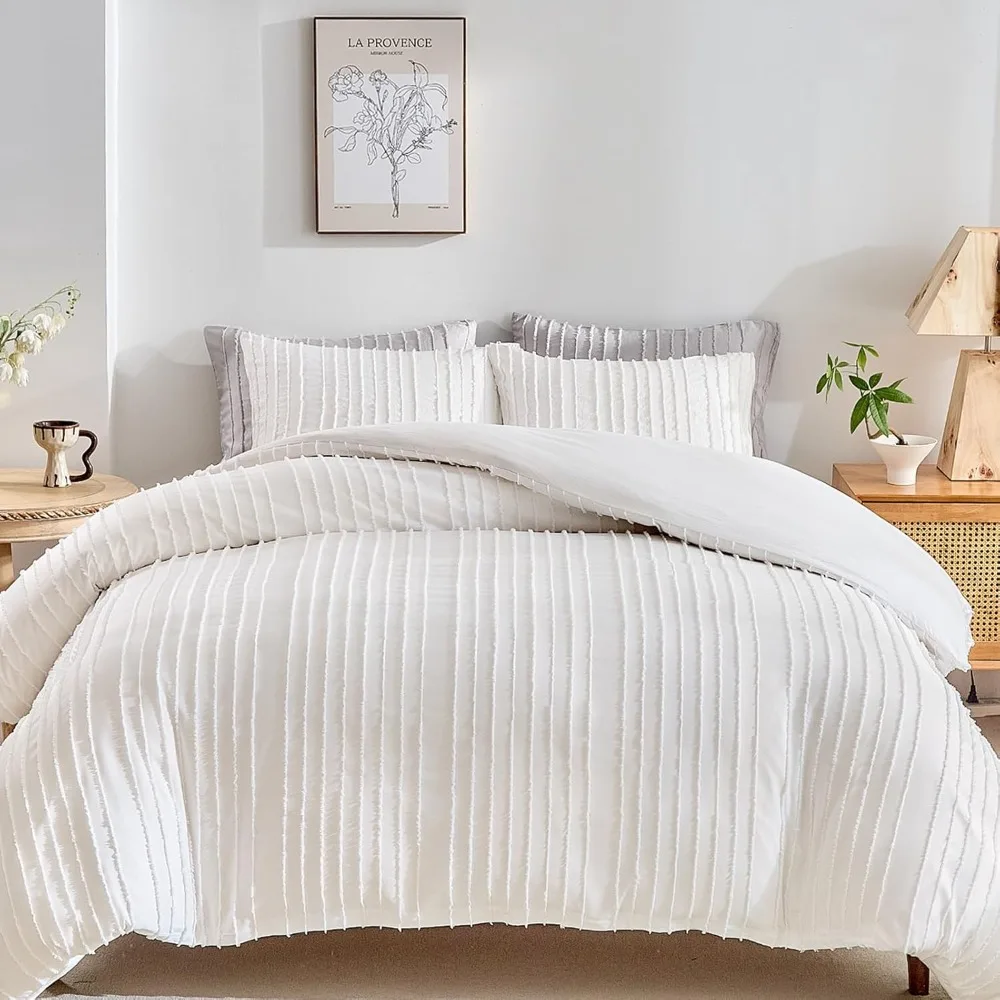 

WARMDERN White Boho Duvet Cover Set King Size, Striped Textured Duvet Cover Tufted Bedding Set, 3 Pcs Ultra Soft Washed Microfib