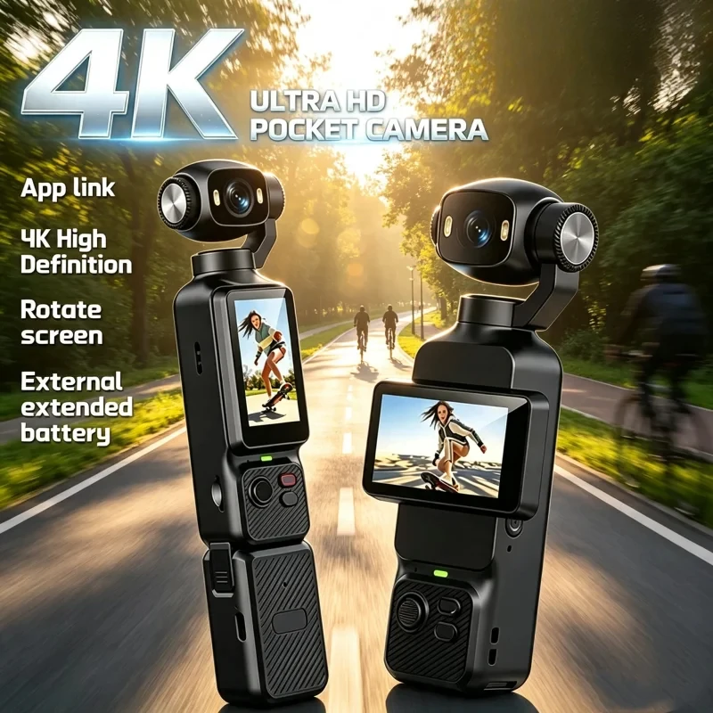 Portable Handheld Action Camera Built-in Gimbal Stabilizer, Pocket Vlog Camera with Charging Box for Travel Cycling Outdoor Shoo