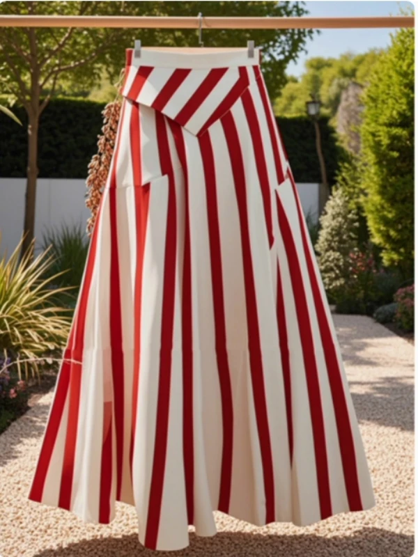 

French Elegant Irregular Red Stripe A-line Dress For Women Summer High-waist Luxury Slim-fit Casual Maxi Swing Umbrella Skirt
