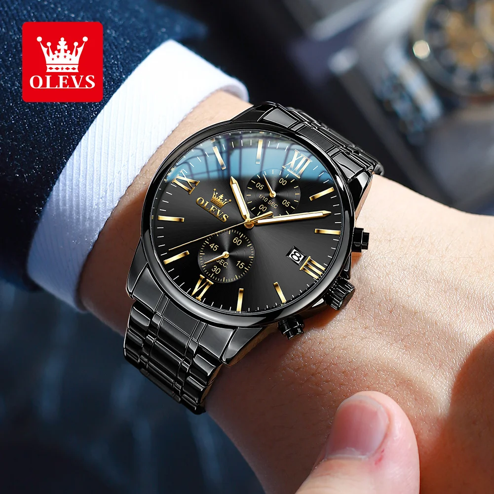 OLEVS 2886 Classic Black Quartz Watch for Men Elegant Chronograph Auto Date Clock Waterproof Luminous Top Brand Men's Wristwatch