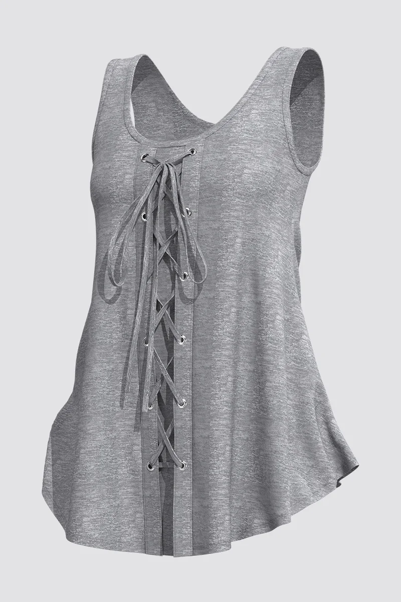 Damski podkoszulek Plus Size Casual Grey Eyelet Washer Lace-Up Tank Top bez rękawów Średni stan Vintage Okrągły dekolt Letni podkoszulek 2024