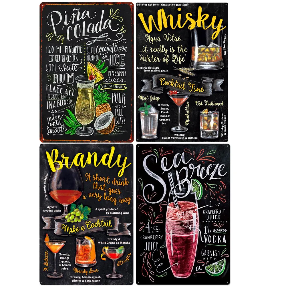 4 Stück Cocktail Time Vintage Metallschild, Gin Tequila Blechschild, Rum Rezept Poster, Wodka Tonic Plakette, Bar Heimdekoration 30X20CM – Detail 3