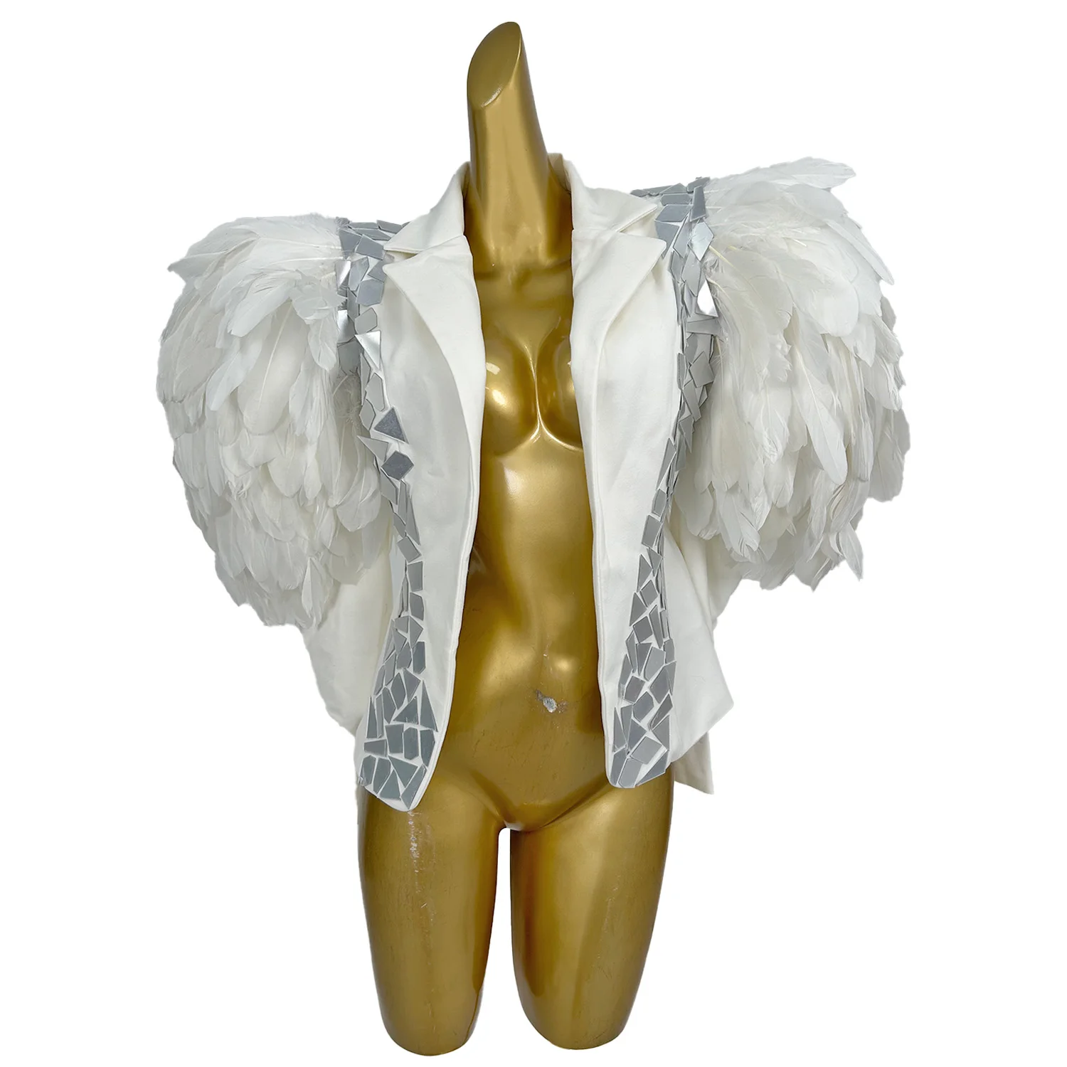 

Великолепный пиджак с белыми перьями, серебряная зеркальная куртка, модель певицы, танцовщицы, костюм для выступлений, праздничное платье niaobei