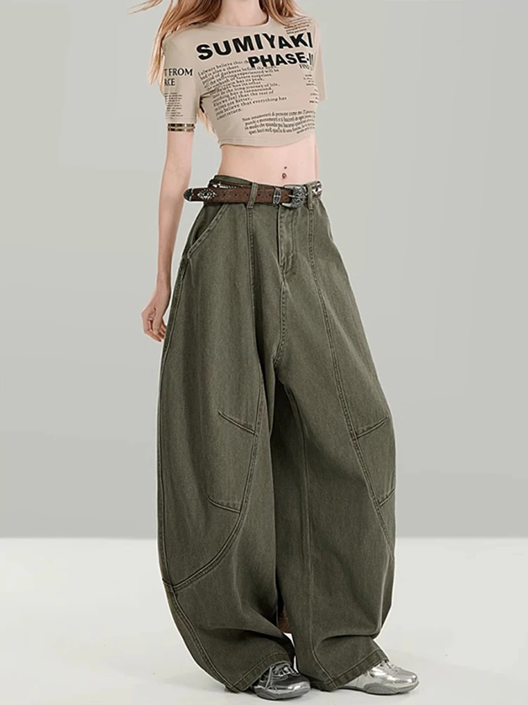 بنطلون جينز نسائي واسع الساق بتصميم عسكري أمريكي عتيق باللون الأخضر، تصميم صيفي فضفاض بخصر مرتفع وساق طويلة #3