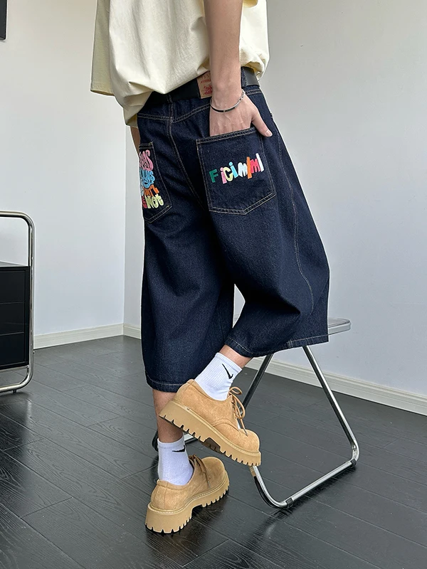 

Loose Casual Men's Jeans orts American Sle Summer Faion Straight Leg Seven-Foot Printed Letter Hipster Haome Wide Le...