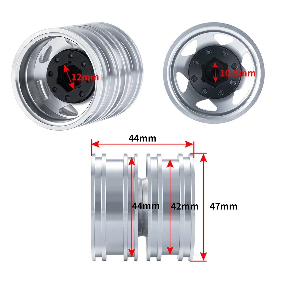 TRINOOD 6PCS Aluminum Alloy Front Rear Wheel Rim Hub 6x6 Set for 1/14 Tamiya Tractor Truck Trailer Engineering Long Vehicle Part