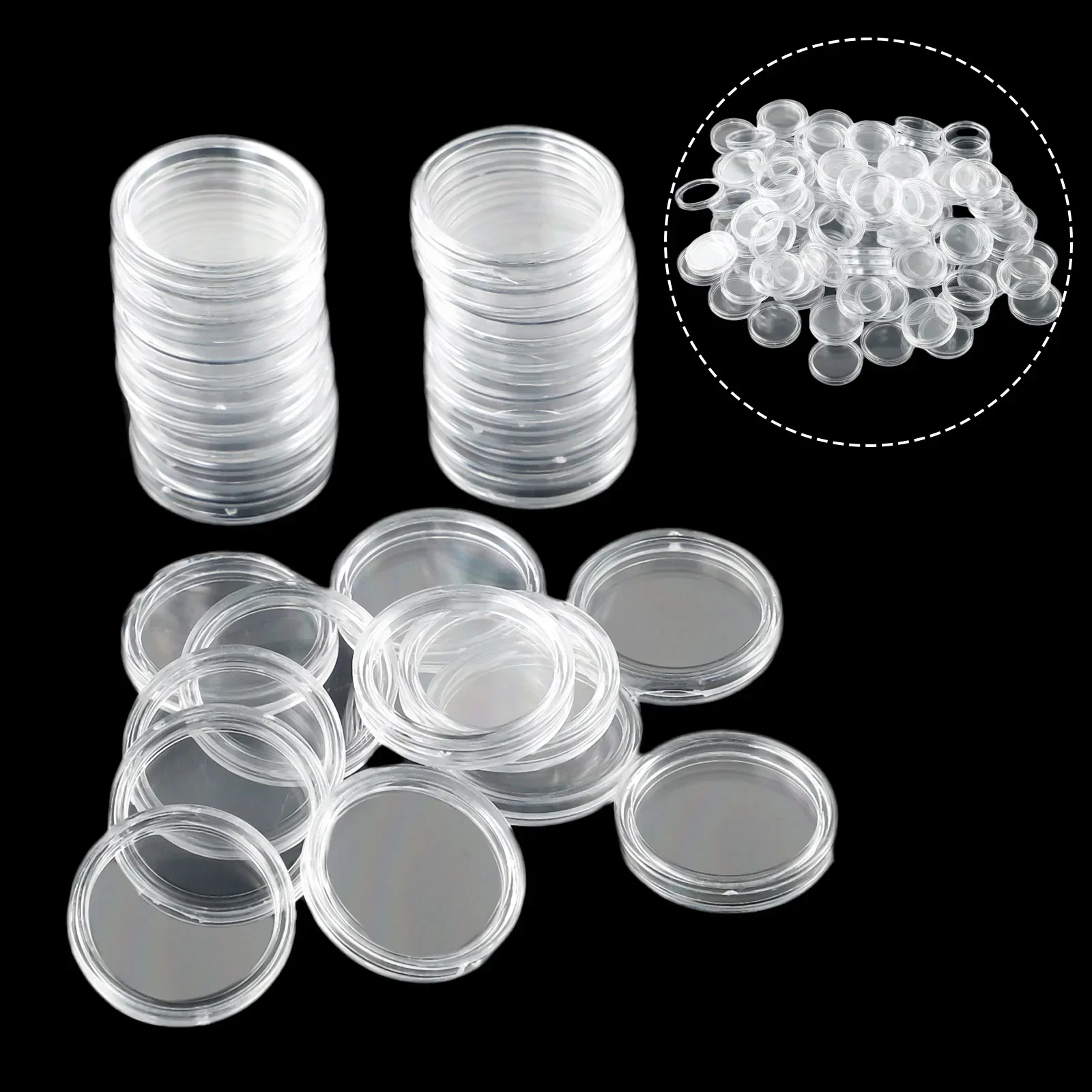 100Pcs 18/19/20/21/23/24/25/26/28/30mm Clear Plastic Coin Capsules Coin Holders Protector Cases Round Transparent Coin Capsules