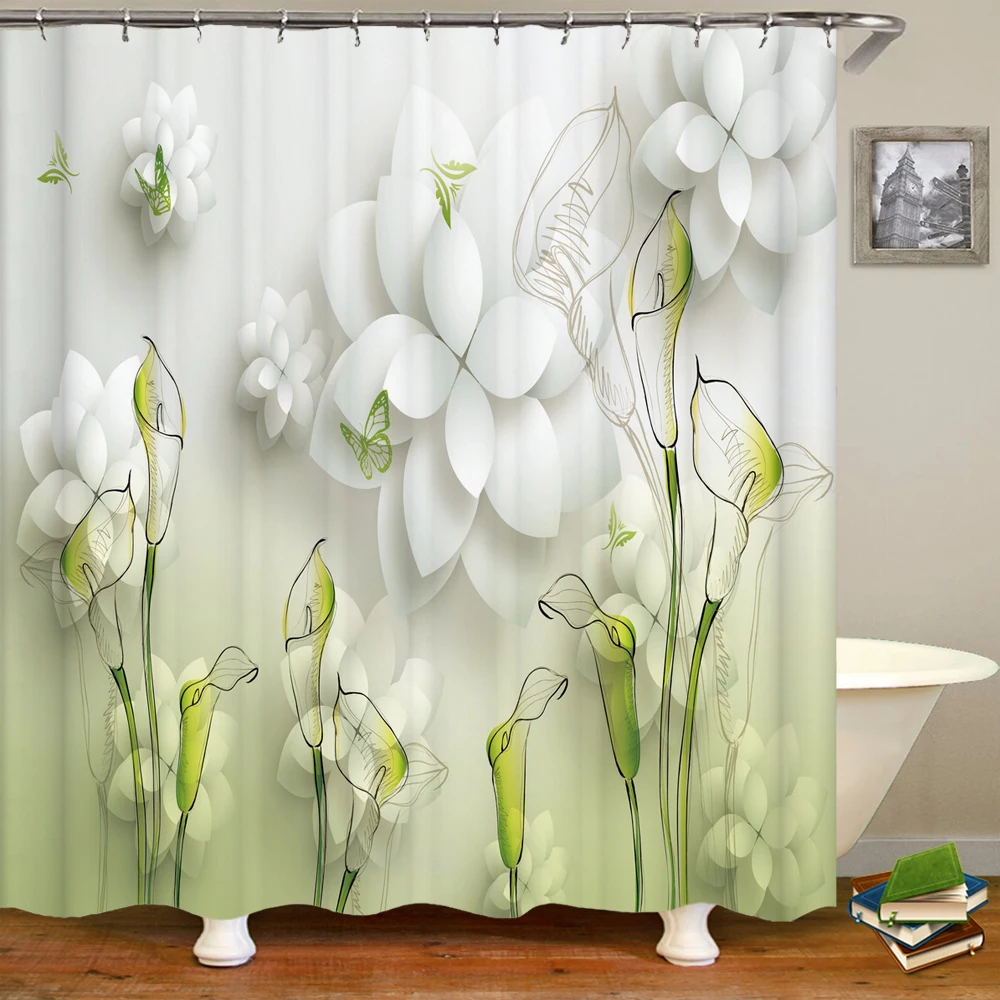 3D Printed Waterproof Fabric Fresh Flower Plant Shower Curtains Bathroom Decorative Polyester With Hooks Shower Curtain 240X180