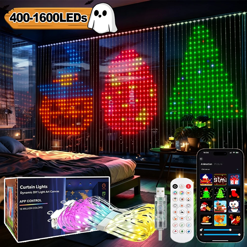 400～800個のledを使用したスマートカーテンライト。rgbicカラー変更機能、音楽連動、ダイナミックな演出が可能。ハロウィーンパーティーや家庭の装飾に最適。diyも可能。