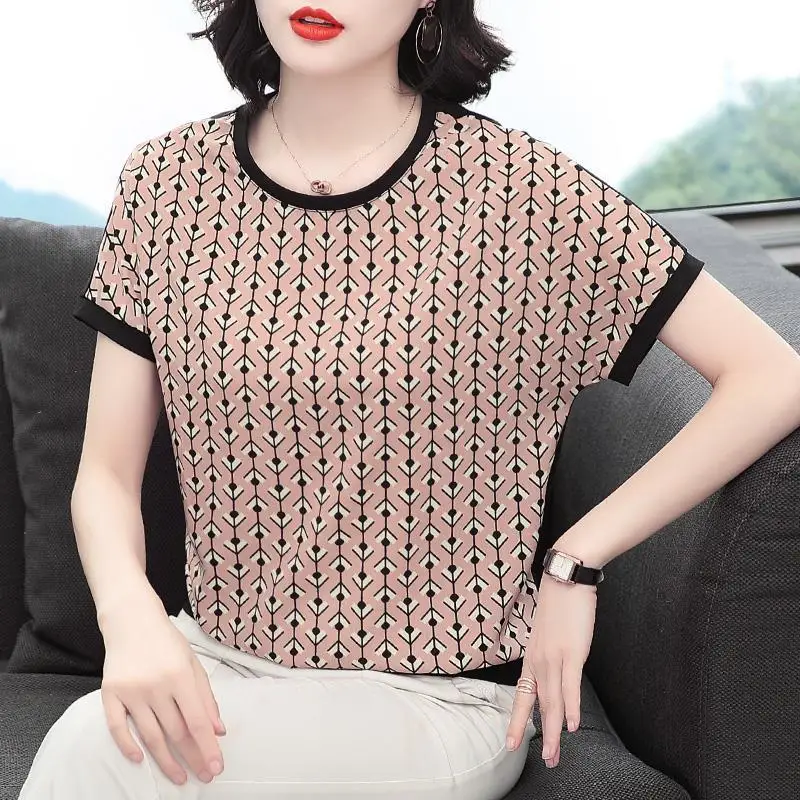 Summer Women\'s Contrast Color Crew Neck Short Sleeve Loose Plus Size Thin Korean Pullovers Fashion Casual Commute Tops