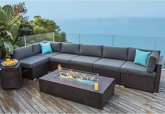 Outdoor Furniture Warm Wicker Family Sectional Sofa w Thick Cushions, Glass Top Coffee Table,Ottomans, Floral Fantasy Pillows