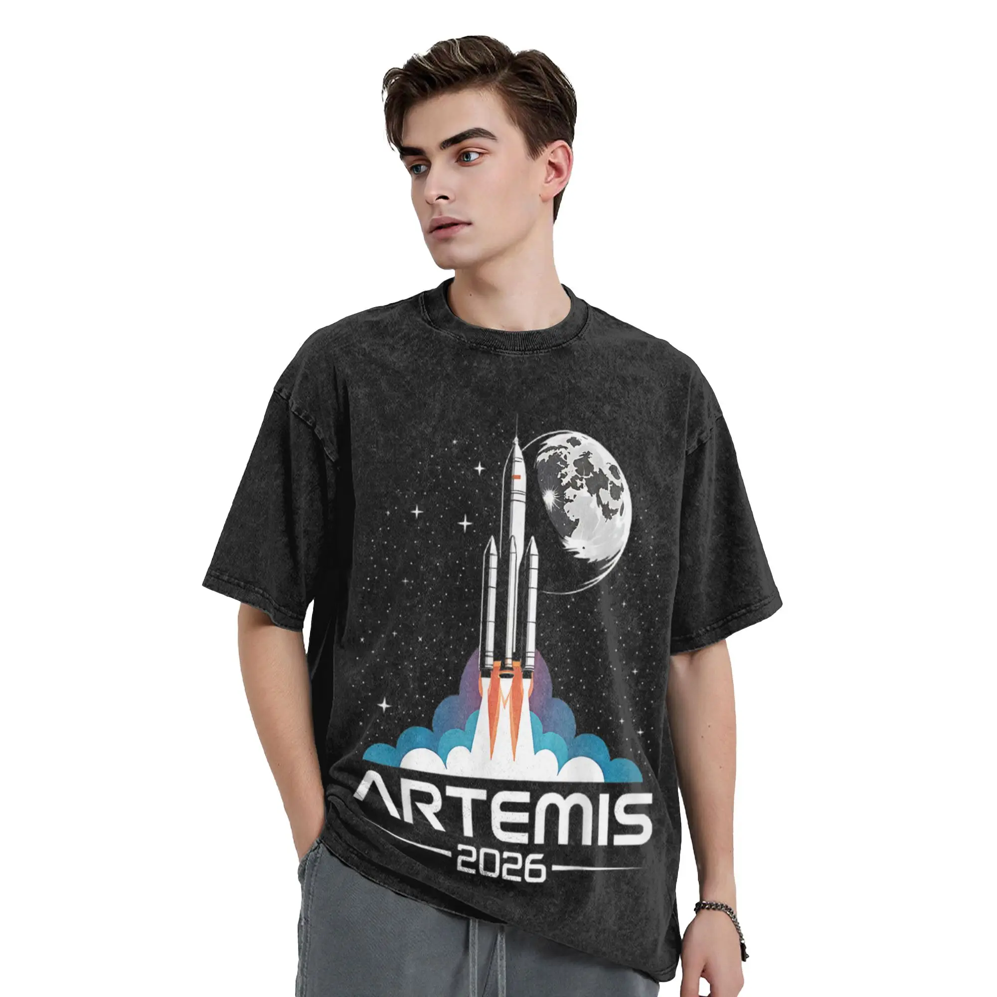 Awesome Artemis Launch to The Moon T-Shirts for Men Round Collar Pure Cotton Washed T Shirts  Short Sleeve Tees Plus Size Tops