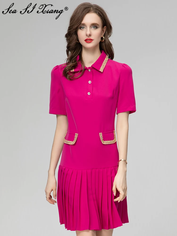 

Seasixiang Fashion Designer Spring Dress Women Turn-down Collar Short Sleeve Crystal Button Beading Office Lady Mini Dresses