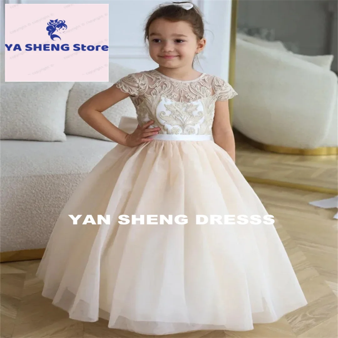 Customized Flower Girl Dresses Champagne Flory Appliques With Bow Sleeveless For Wedding Birthday Holy Communion Christmas Gowns