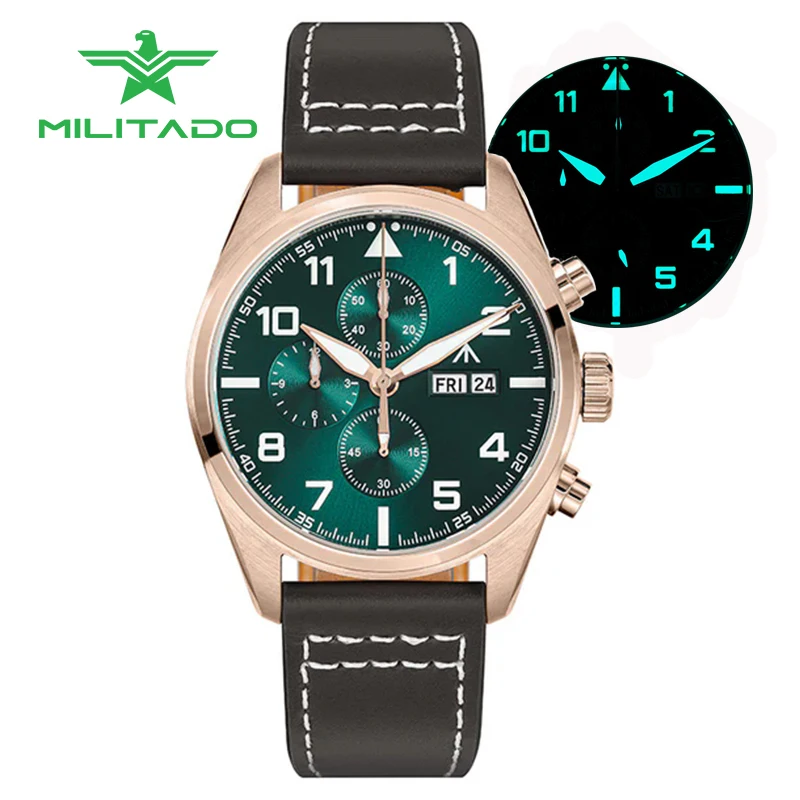 

Militado Chronograph Watch ML04 Quartz Wristwatch BGW9 Luminous Clear AR Sapphire Crystal Stainless Steel 100M Men Field Watch