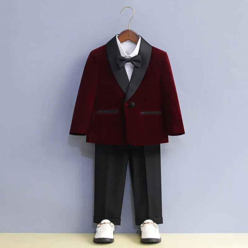 Children One Year Old Birthday Tuxedo Outfits Black Elegance Velvet Weddings Suit for Boys Gentleman Piano Performance Costume