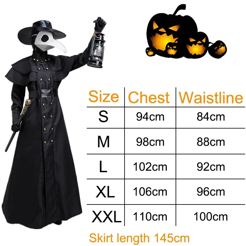 Medieval Hood Robe Plague Doctor Costume Mask Hat for Men Women Halloween Carnival Cosplay Steampunk Dress Cloak Cape