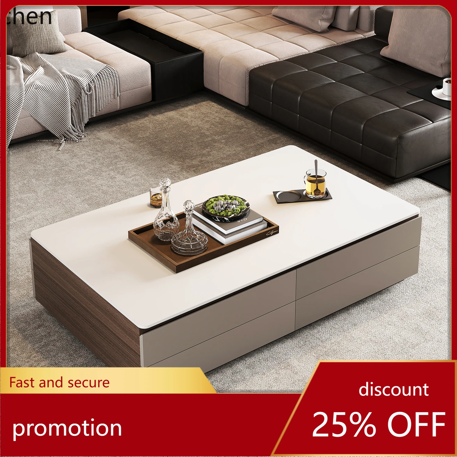 

YFY Solid Wood Rock Slab Coffee Table Living Room Tea Table Cream Style Coffee Table Minimalist