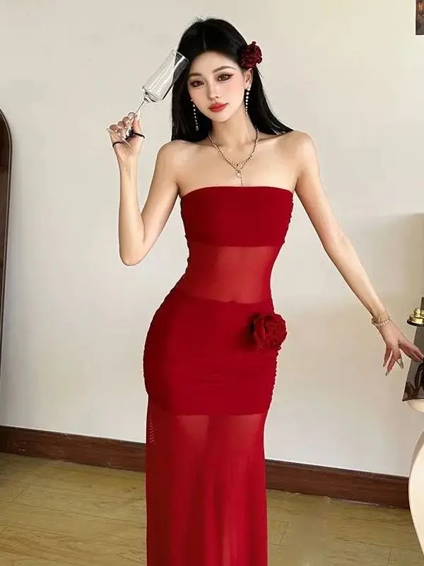 

Red Sexy Strapless Dress Summer Korean Style High Waist Sleeveless Maternity Dress Casual Wear for Young Women