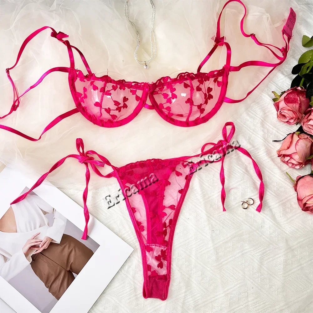 Exotic Set Bra Brief Set Sexy Bra Sets FOr Women Strap Lingerie Lace Embroidery Heart-shape Fairy Seamless Underwear See Through