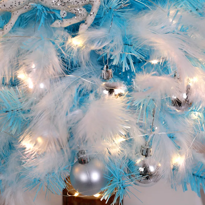 Artificial Mini Christmas Tree 45CM Feather Blue Pink Xmas Ball with Wood Base Tabletop Christmas DIY Home Decor Party Supplies