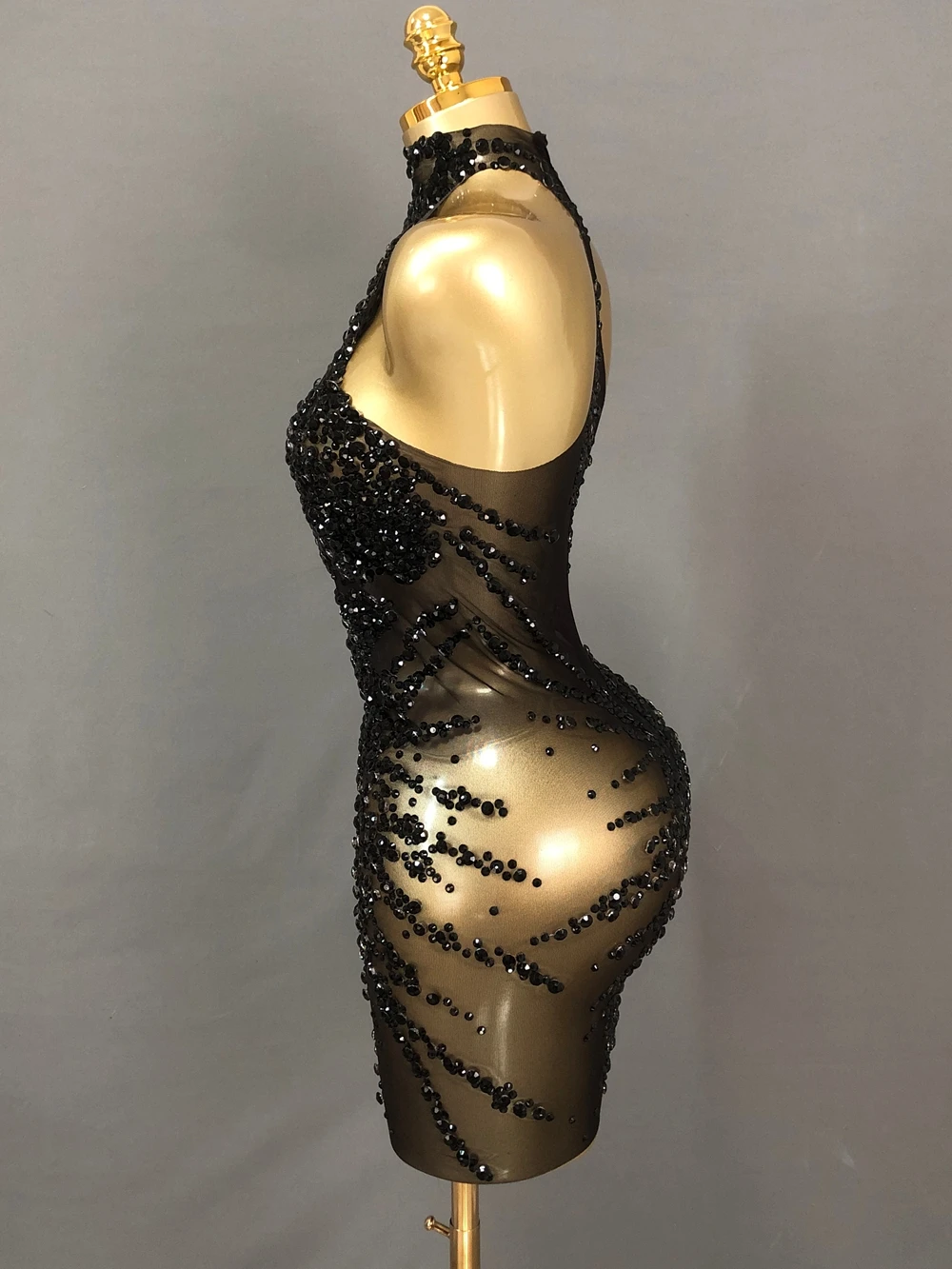 Sparkly Rhinestones Short Dress for Women Sexy Mesh See Through Party Evening Prom Celebrate Birthday Dress Photo Shoot Wear view 3