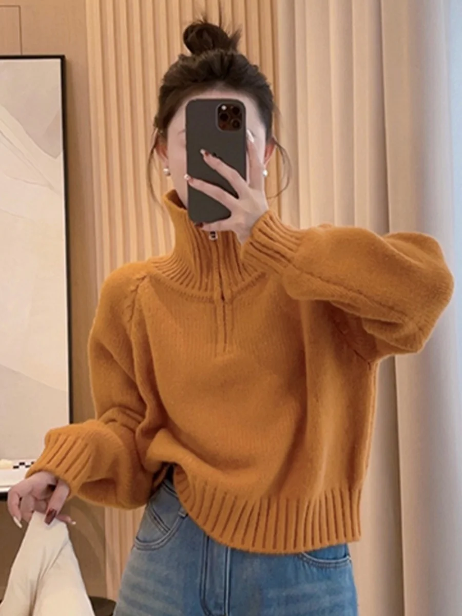 

Early Autumn 2024 Korean Sle High-End f Open Collar Zipper Knitted Sweater Women's Top High Ne Sweater Fem Faion