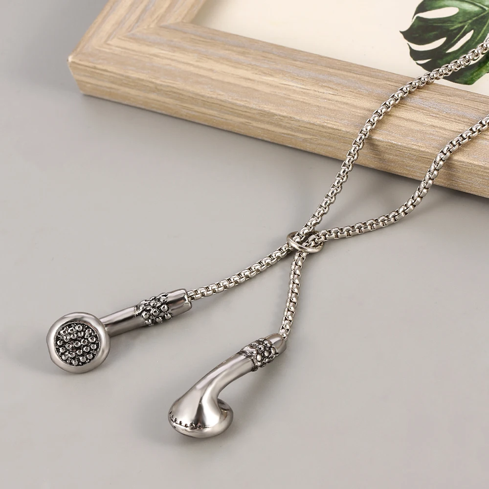 Retro Creative Earphone Shaped Metal Necklace Fashion Personality Pendant Clothing Sweater Chain Accessory for Women Men view 5
