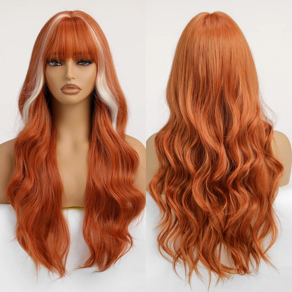 Ginger Copper Long Wavy Synthetic Wigs with Bangs Blonde Highlight Cosplay Party Wig for Women Natural Heat Resistant Fake Hair