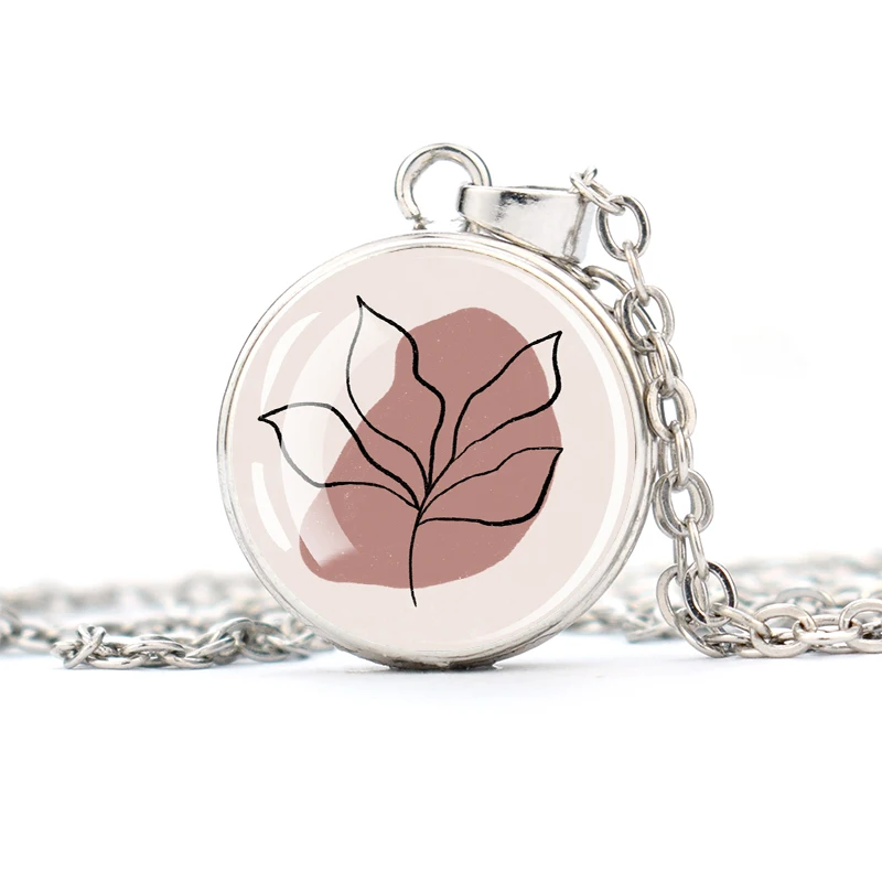 Plant Sketching Series Necklace Buckle Glass Pendant Silver Alloy Necklace Jewelry Exquisite Fashionable Gift for Friends