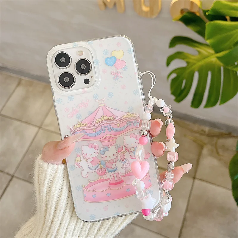 Cute Cartoon Hello Kitty Merry-Go-Round KT Case For iPhone 13 14 15 16 Pro Max Colorful Balloon Snowflakes KT Doll Wrist Strap