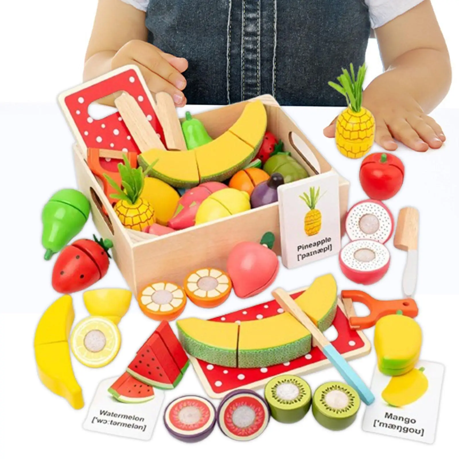 Juego de 19 piezas de cortar frutas y verduras, juego de regalo divertido para el desarrollo de habilidades básicas con caja de madera para niñas de 3 años o más