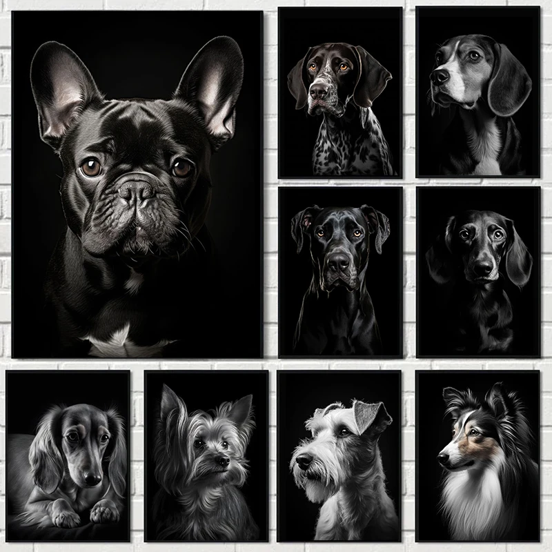 Black and White Dog Cat Poster Pet French Bulldog Dachshund Portrait Print Canvas Painting Wall Art Picture for Home Room Dec
