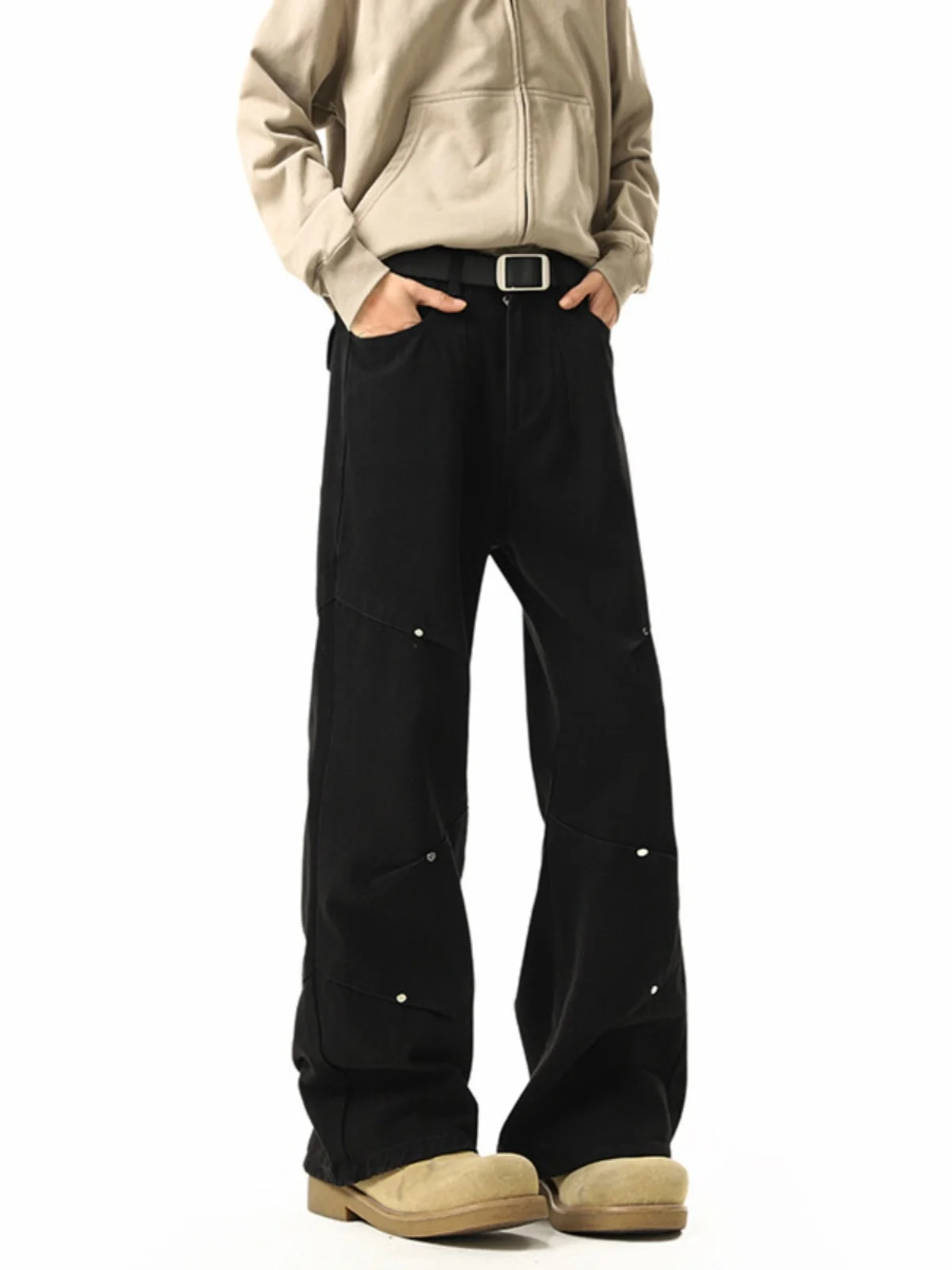 

American High Street Rivet Jeans Men's Casual Straight Leg Spring Trendy Clean Fit Loose Fit Teenagers Jeans Spring Autumn