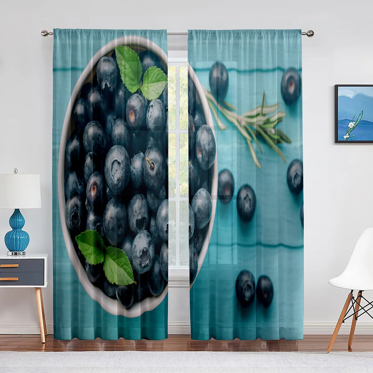 Blueberries Fruit Green Leaf Tulle Curtains for Living Room Bedroom Decoration Chiffon Sheer Voile Kitchen Window Curtain Drapes