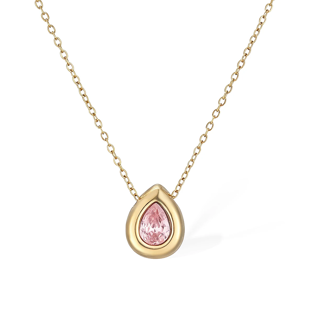 NEWBUY Fashion Gold Color Stainless Steel Jewelry Pink Crystal CZ Zircon Pendant Necklace For Women