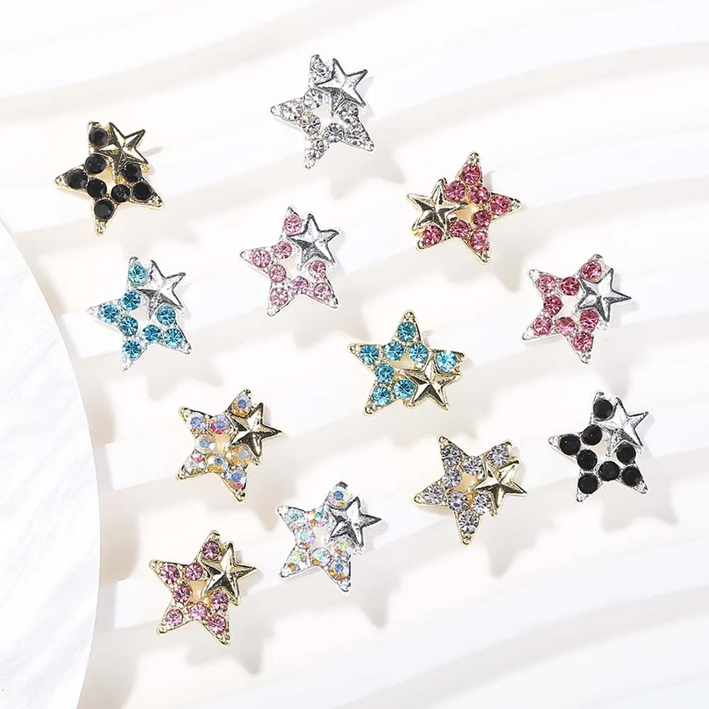 

10Pcs Gold Silver Metal Shiny Star Nail Art Charms 3D Alloy Hollow Star Inlaid Diamond Nail Rhinestones DIY Nail Accessories