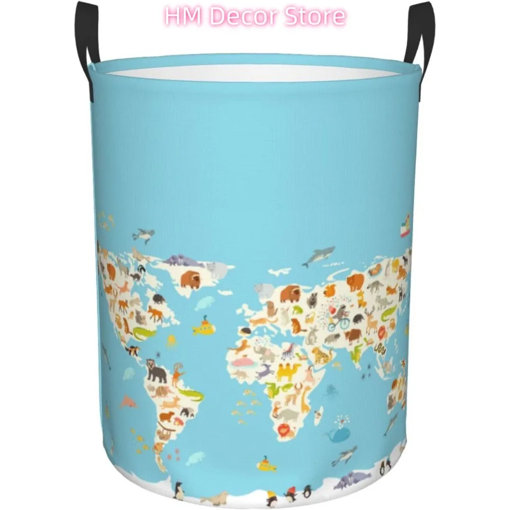 

Cartoon Animals World Map Laundry Basket with Handle Waterproof Collapsible Cloth Hamper Round Storage Basket for Bathroom Bedro
