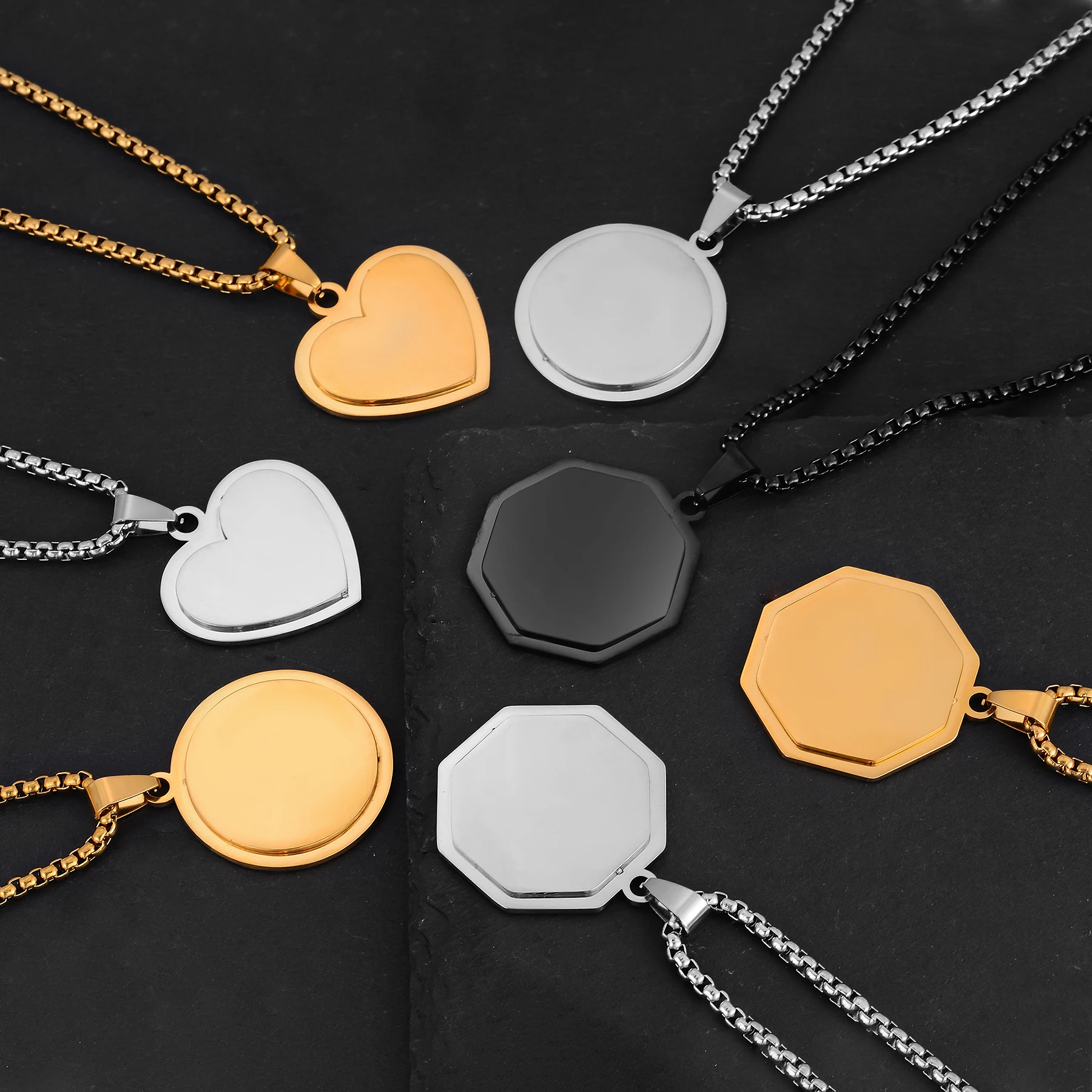 Custom Engrave Text Logo Pendant Octagon Heart Round Double-layer Dog Tag Stainless Steel Neaklace For Women Men Jewelry Gift