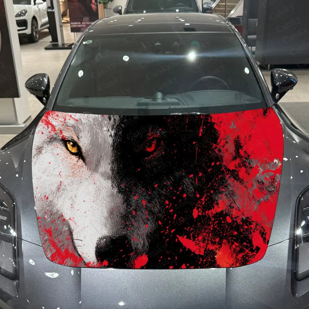 Ferocious Split Bloody Wolf Car Hood Sticker,Waterproof Self-Adhesive Vinyl Graphics Decals,Decorative Auto Accessories Stickers
