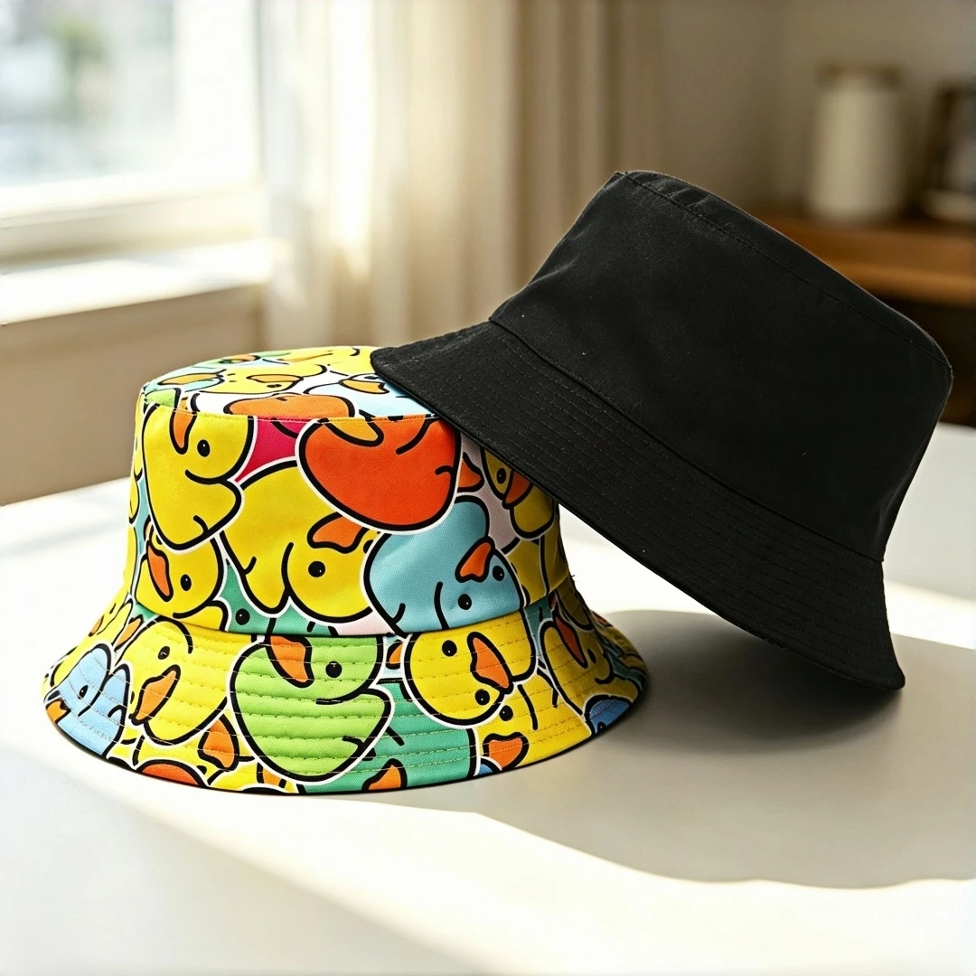 Cute colorful cartoon Rubber Duck Bucket Hat for Women, Wide-Brimmed Foldable Boater Hat, Summer Beach Sun Hat, Cute Street Casu